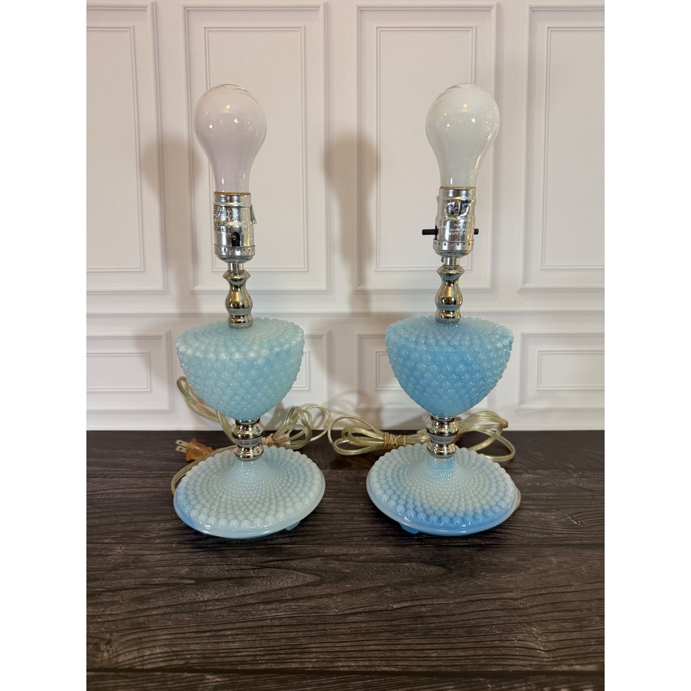 Vintage Rare Blue Swirl Hobnail Milk Glass Lamps Mid Century Blue Opalescent